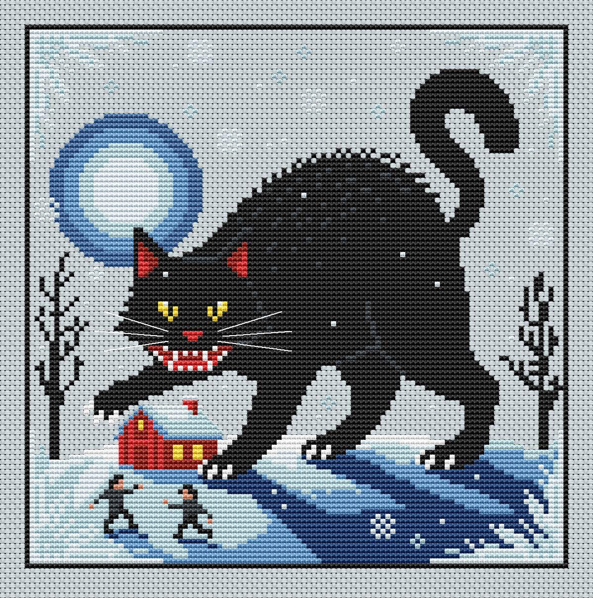 Jólakötturinn cross stitch design on pale blue fabric, showing a black cat with an arched back and curled tail above a snowy red cottage beneath the full moon.