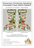 Snowman Christmas Stocking pattern preview showing both left- and right-facing versions with blank name areas, 160 by 261 stitches