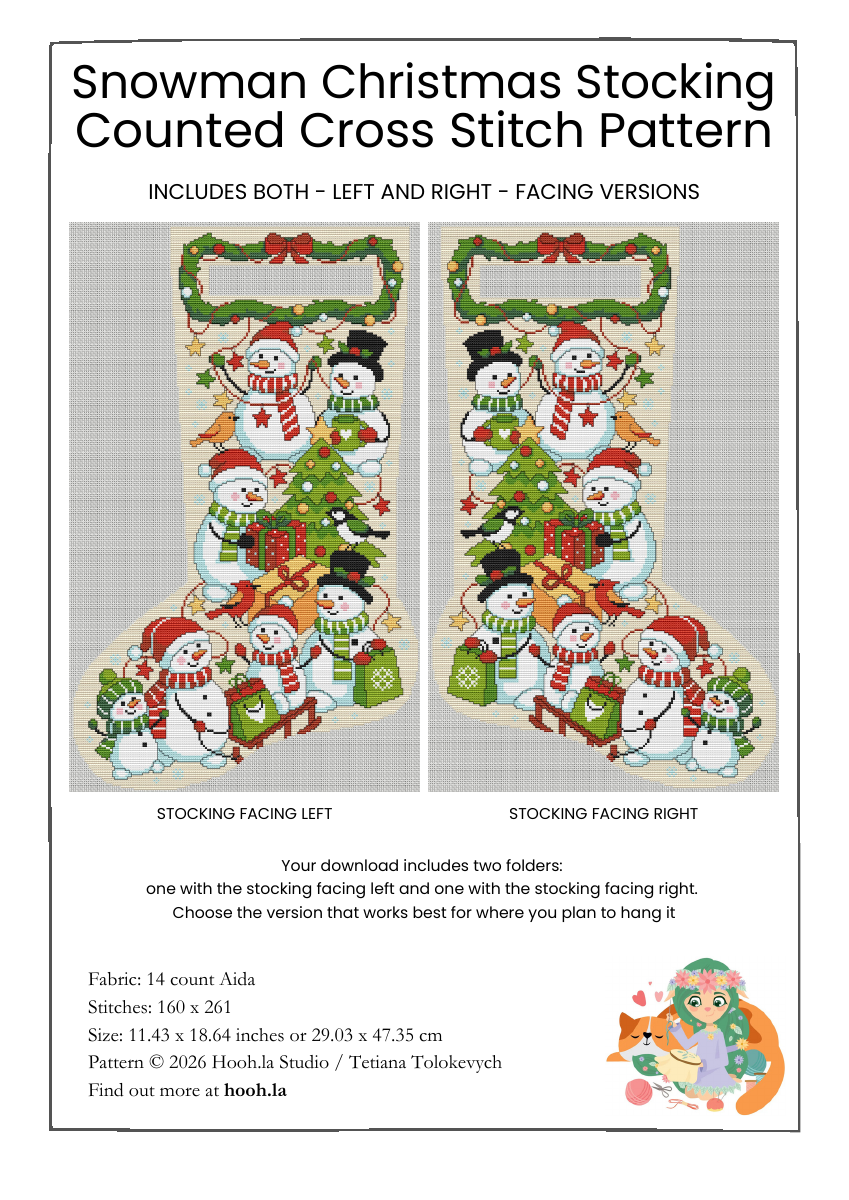 Snowman Christmas Stocking pattern preview showing both left- and right-facing versions with blank name areas, 160 by 261 stitches